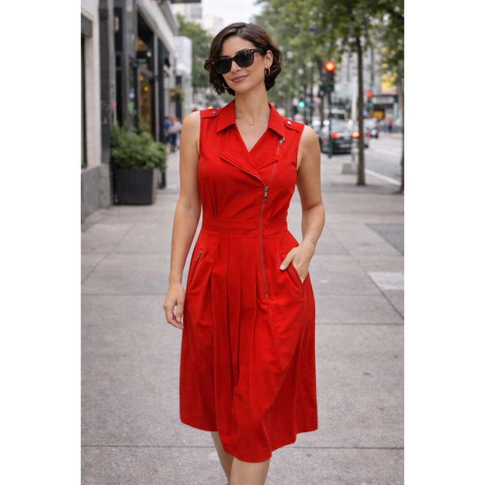Carlisle Red Sleeveless Dress Pleated Midi Dress Zipper Pockets Size 6‎ Career